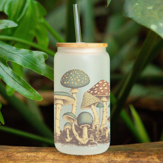 Vintage Mushrooms Latte Frosted Can Glass