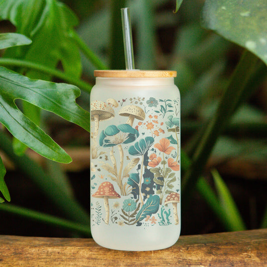 Vintage Botanical Mushroom Latte Frosted Can Glass