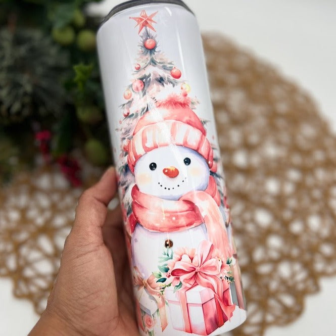 Pink Snowman Christmas Skinny Tumbler