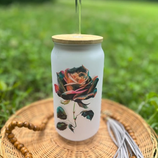 Black roses Latte Frosted Can Glass