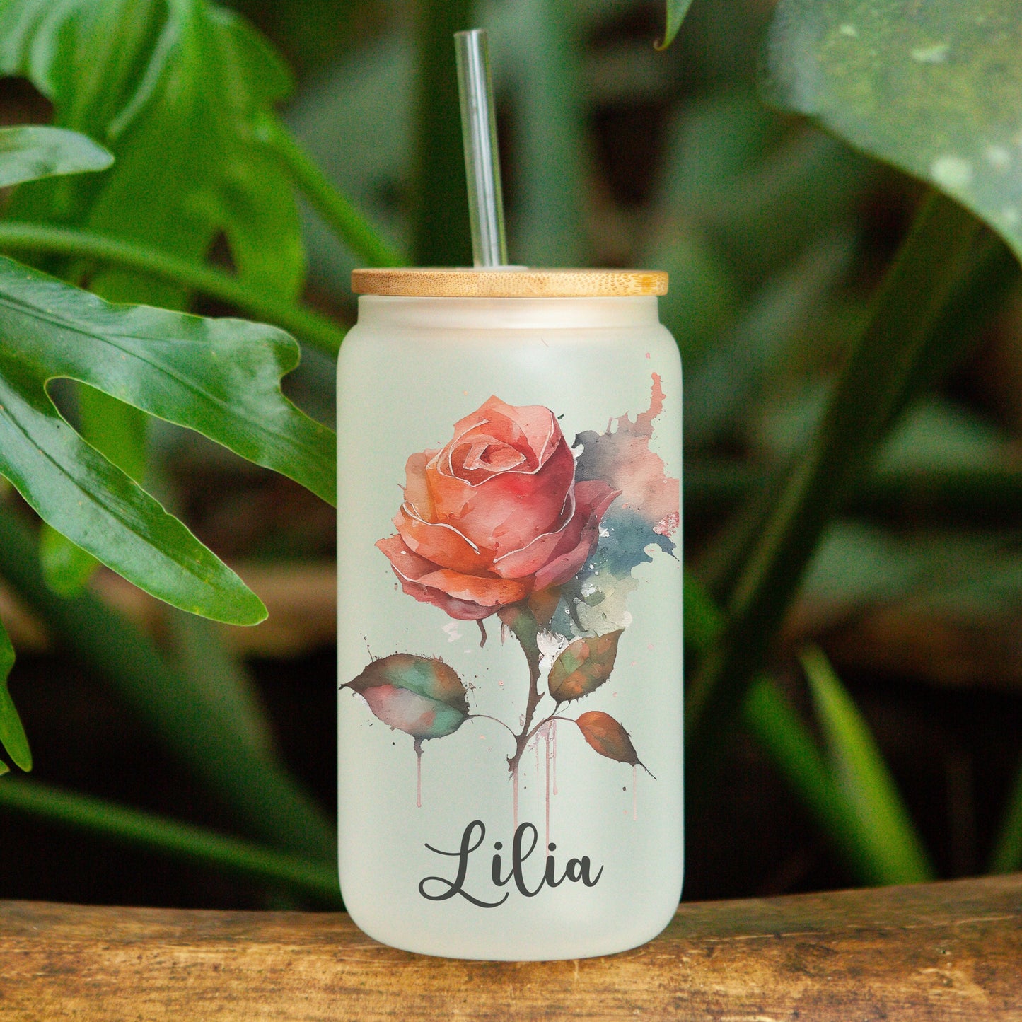 Salmon roses Latte Frosted Can Glass