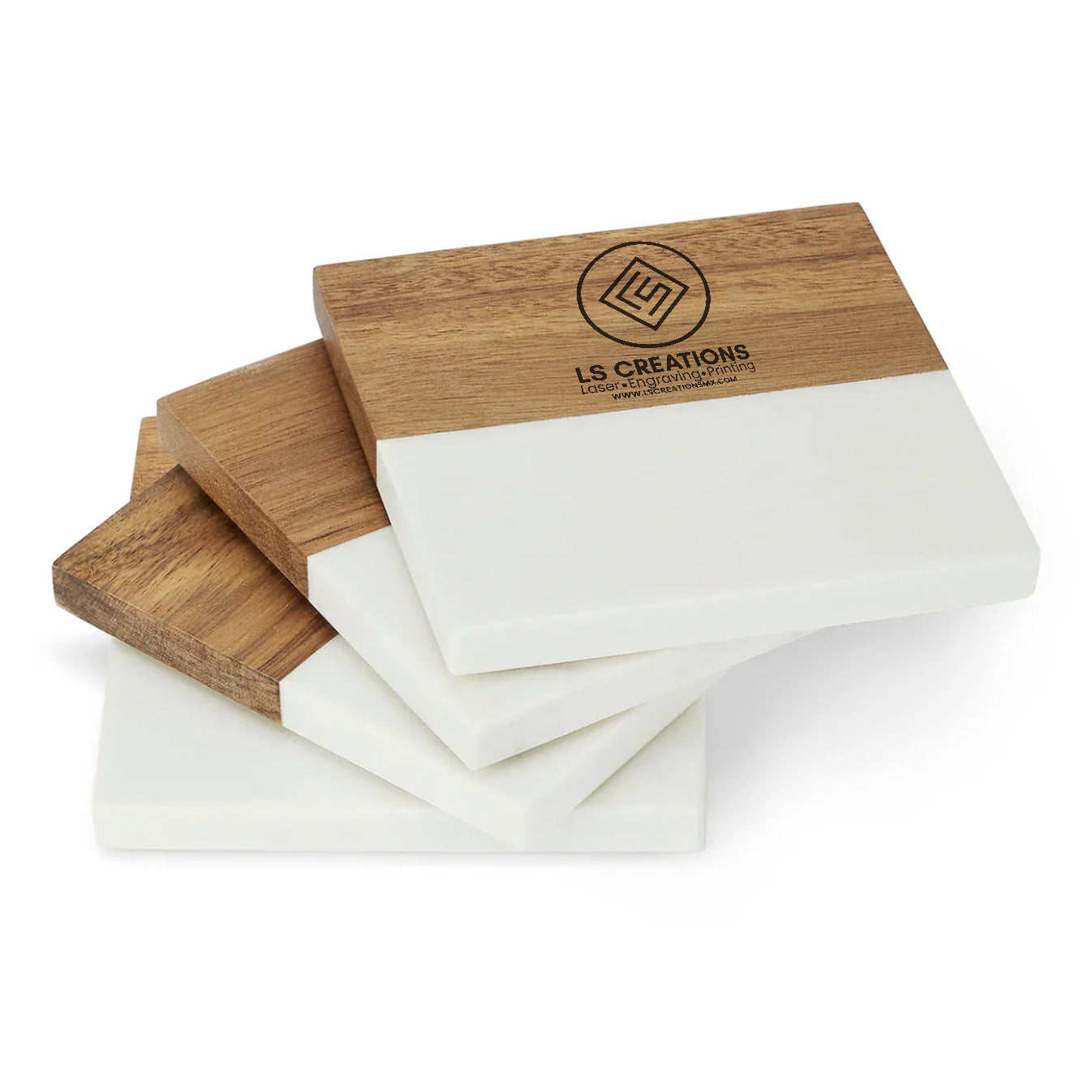 Wood and marble coaster set