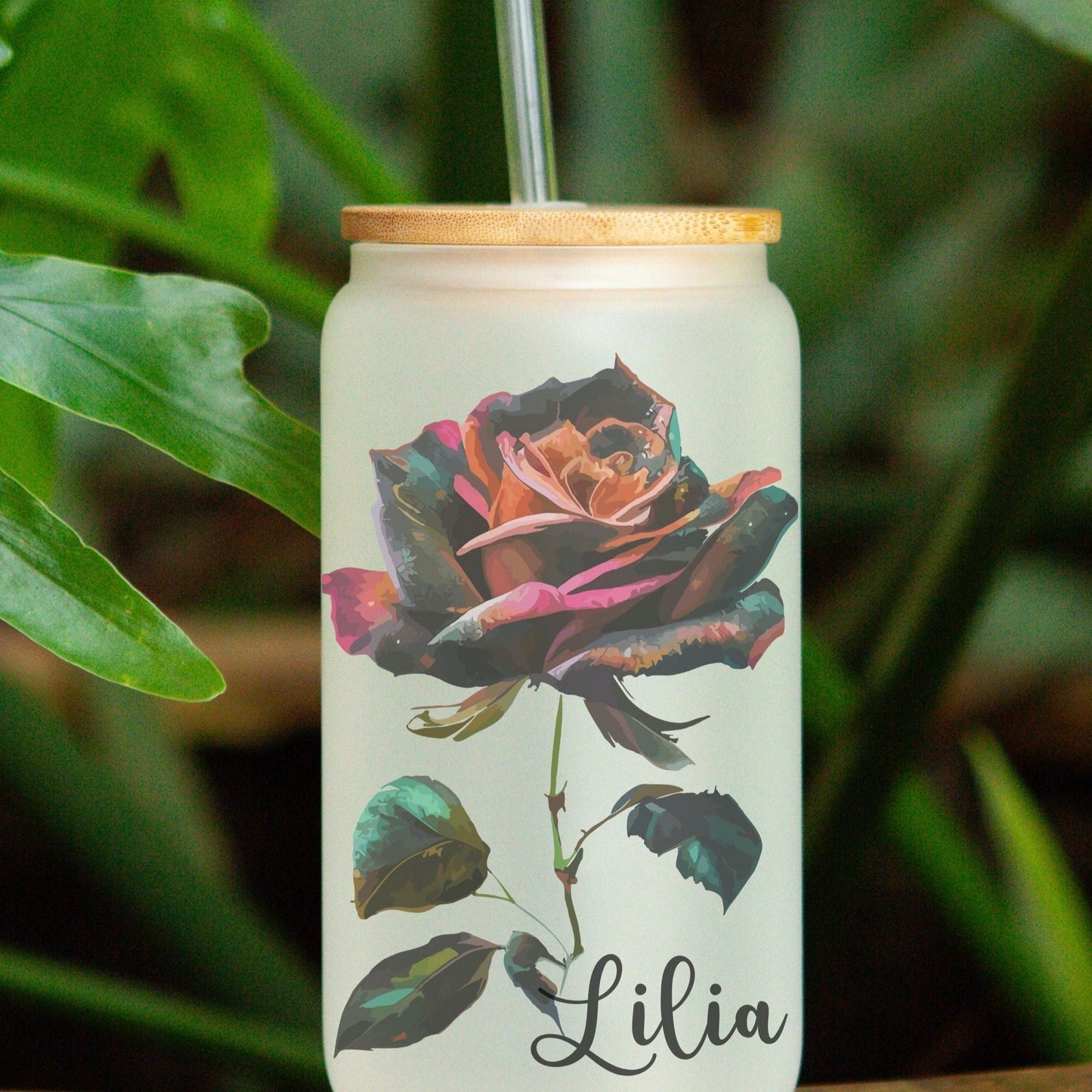 Black roses Latte Frosted Can Glass