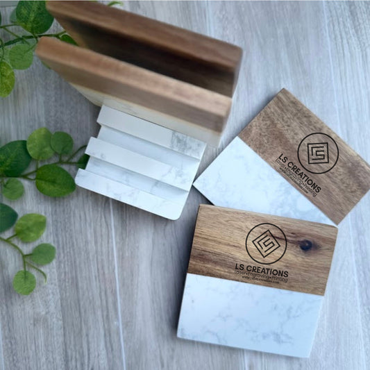 Wood and marble coaster set